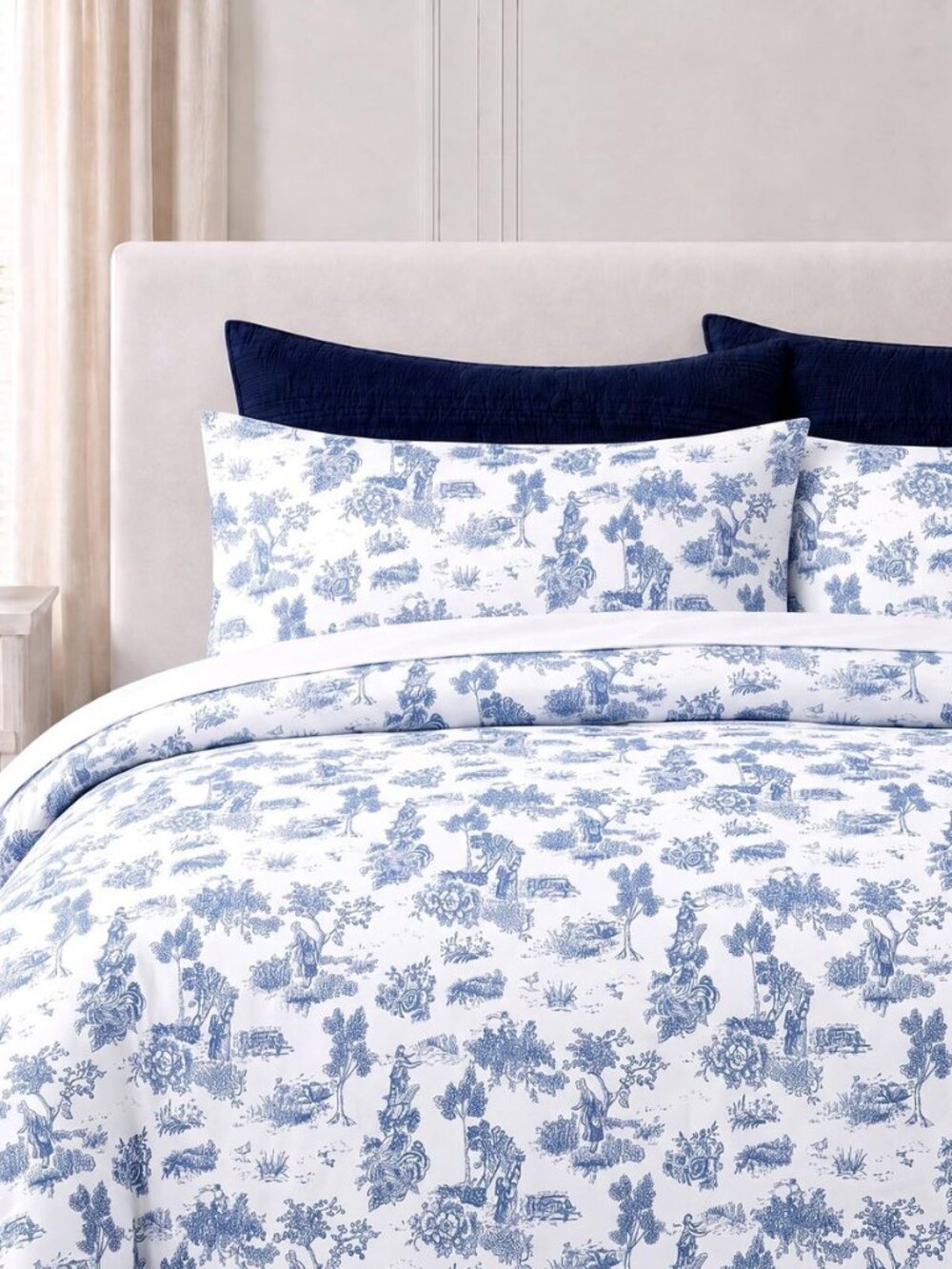 100% Cotton Duvet Cover Set Queen Size, Blue Toile de Jouy Bedding Set, French